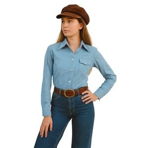 SASKA‎ SKIWEAR 70s Blue Nylon Gingham Button Up Shirt Vintage Western retro ski